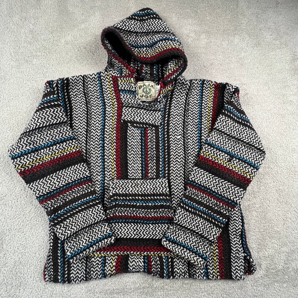 Baja Joe Hoodie Mens Small Striped Mexican Drug Rug Boho Surfer Pullover